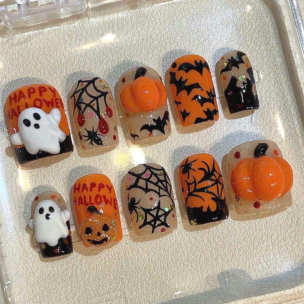 3D Ghost & Pumpkin Press On Nails: Spooky Halloween Nail Art
