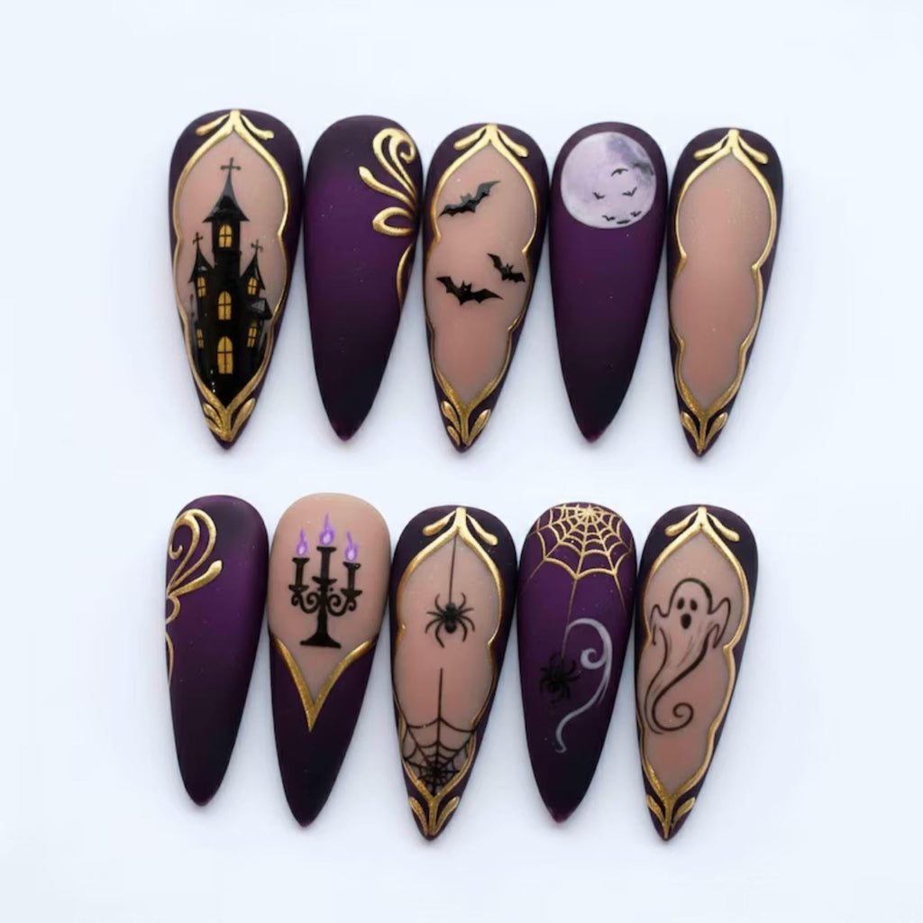 Matte Purple Gold Press On Nails | Spooky Haunted Halloween | Gothic Stiletto | Bat Spider Ghost Moon Nail | Hand Painted Art Nail