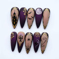 Matte Purple Gold Press On Nails | Spooky Haunted Halloween | Gothic Stiletto | Bat Spider Ghost Moon Nail | Hand Painted Art Nail