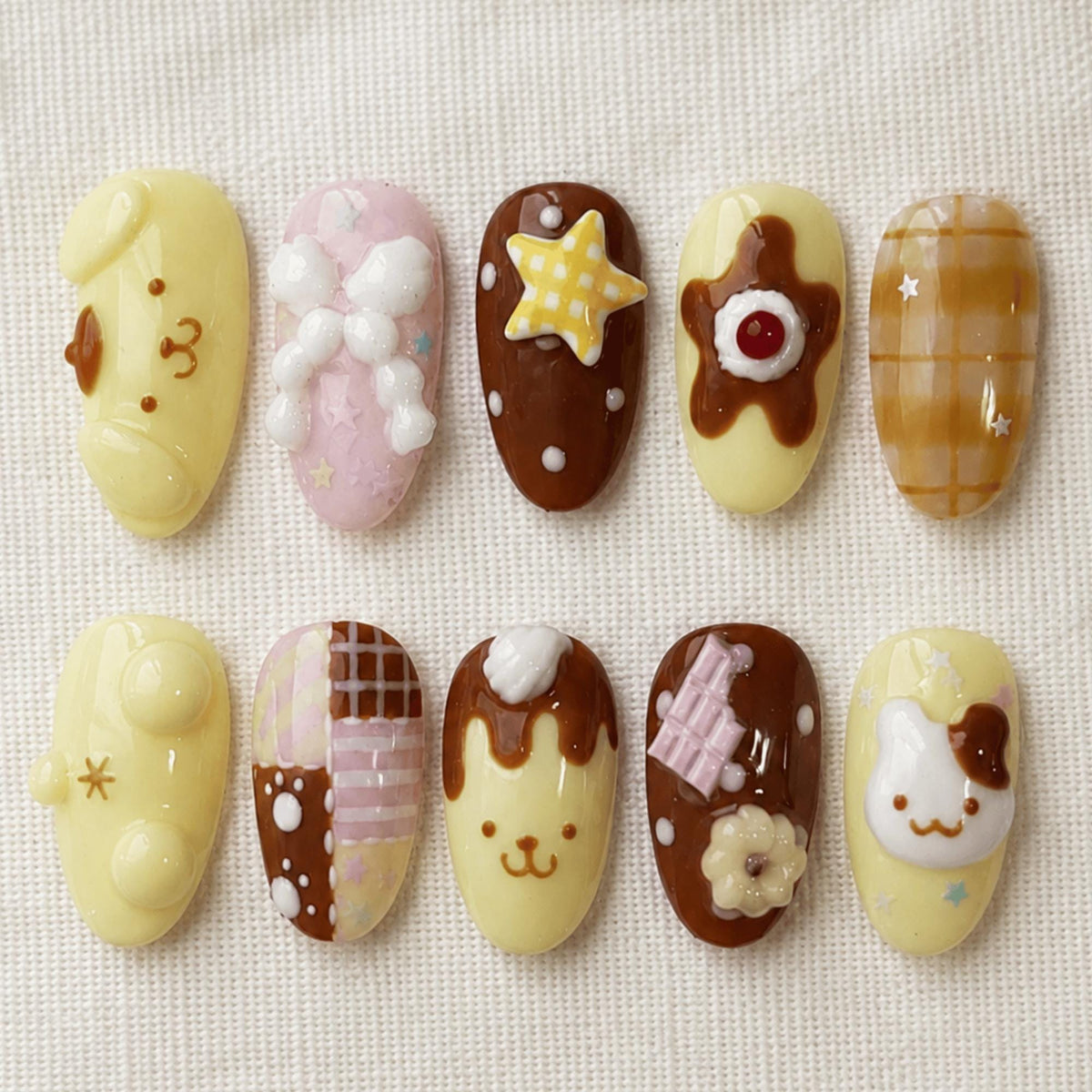 Kawaii Chocolate Press On Nails, 3D Pudding Nails, Cute Dessert Nail Set