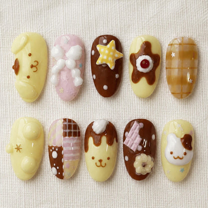 Kawaii Chocolate Press On Nails, 3D Pudding Nails, Cute Dessert Nail Set