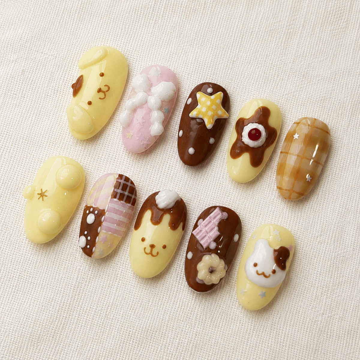 Kawaii Chocolate Press On Nails, 3D Pudding Nails, Cute Dessert Nail Set