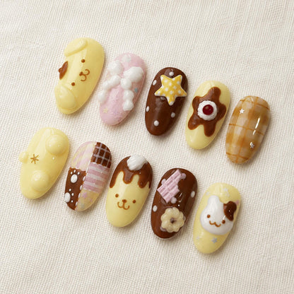 Kawaii Chocolate Press On Nails, 3D Pudding Nails, Cute Dessert Nail Set