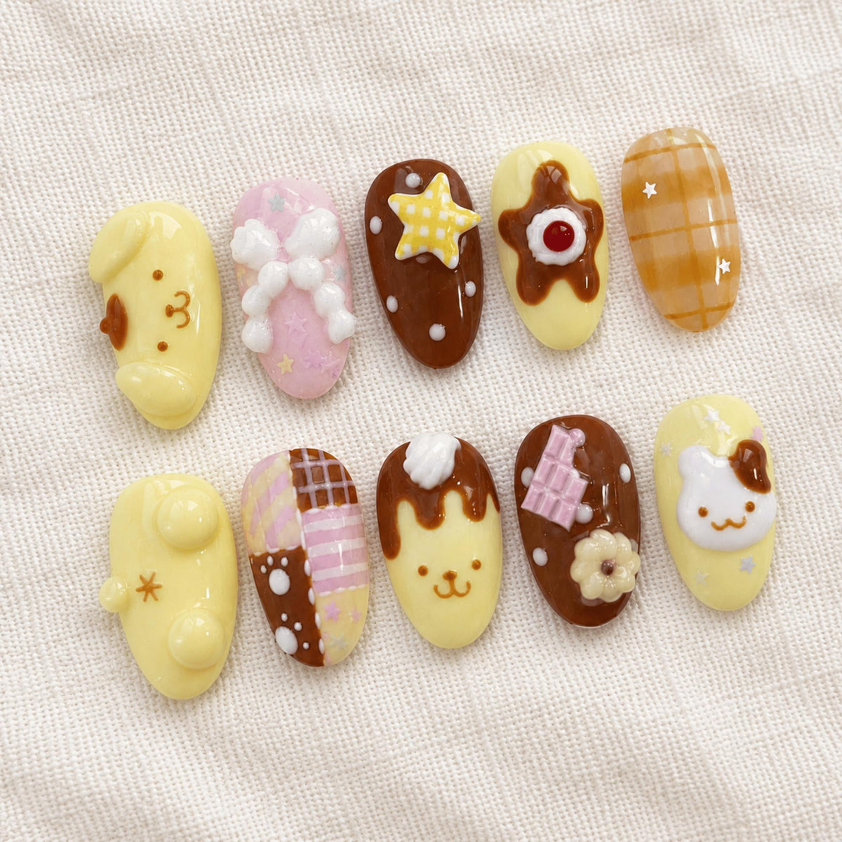 Kawaii Chocolate Press On Nails, 3D Pudding Nails, Cute Dessert Nail Set