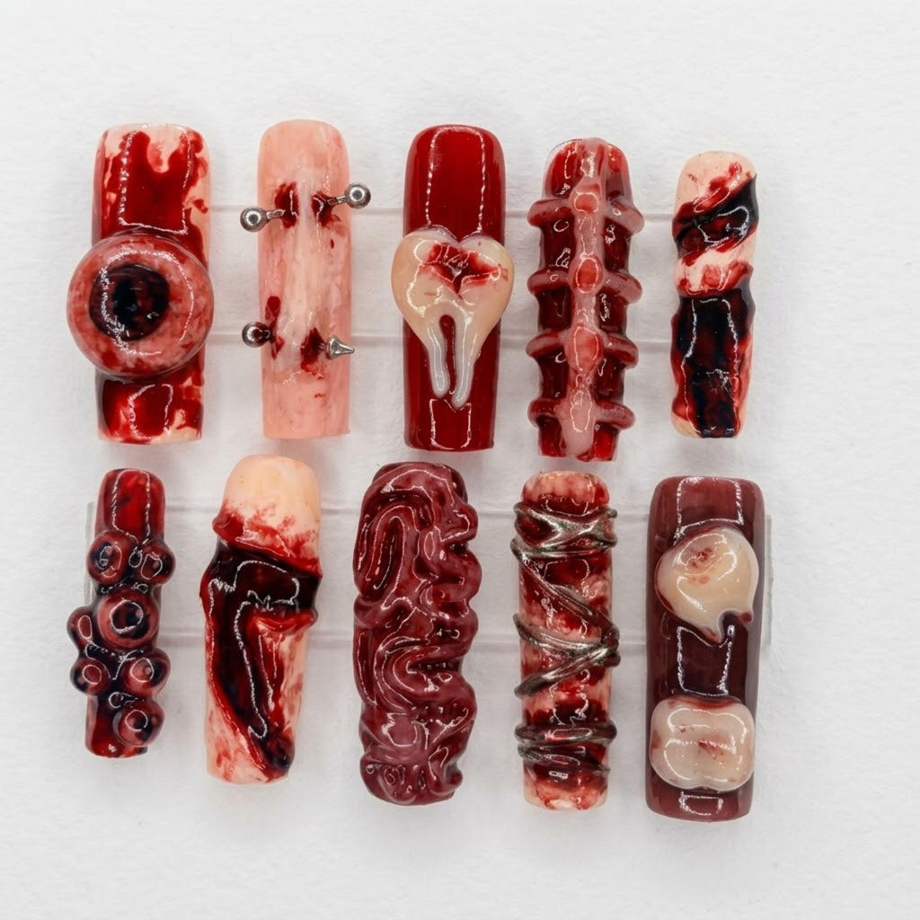 Gore Vampire Press On Nails | Spooky Macabre Aesthetics | Dark Y2K Long Coffin | Blood Dripping Teeth Nail | Edgy 3D Goth Art Nail
