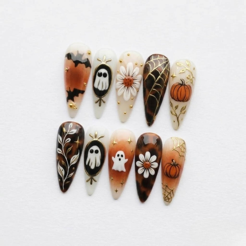 Cute Ghost Pumpkin Press On Nails | Autumn Halloween Party Vibes | Spooky Stiletto Nails | Tortoiseshell Design Nail | Mini Daisies Nail