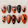 Spooky Halloween Press On Nails, Orange Black Spider Web Bat Nails