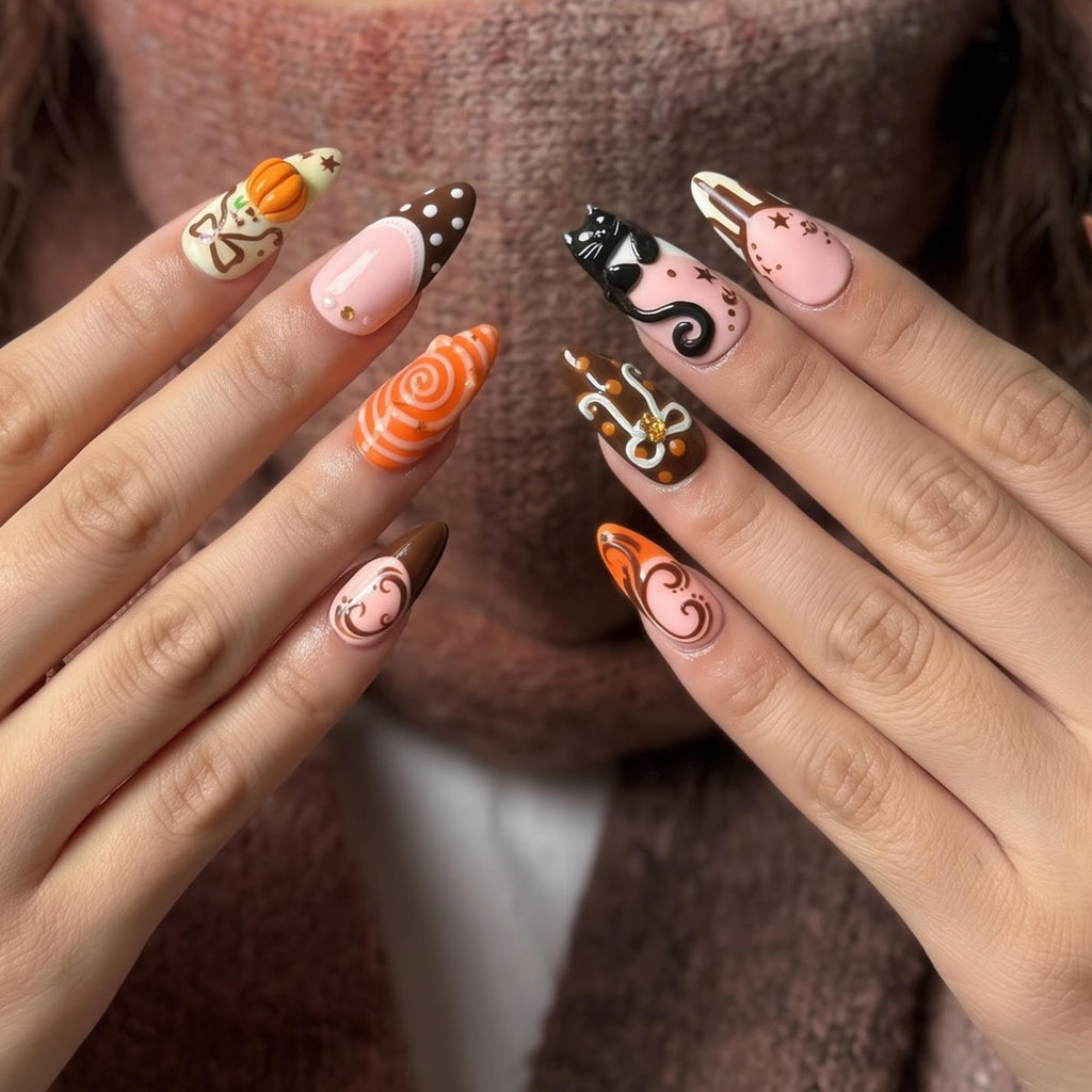 Handmade Autumn Black Cat Press-On Nails | Pumpkin Art, Fall Leaves, Halloween (JB485UI)