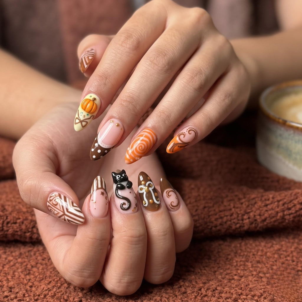 Handmade Autumn Black Cat Press-On Nails | Pumpkin Art, Fall Leaves, Halloween (JB485UI)