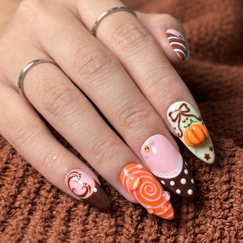 Handmade Autumn Black Cat Press-On Nails | Pumpkin Art, Fall Leaves, Halloween (JB485UI)