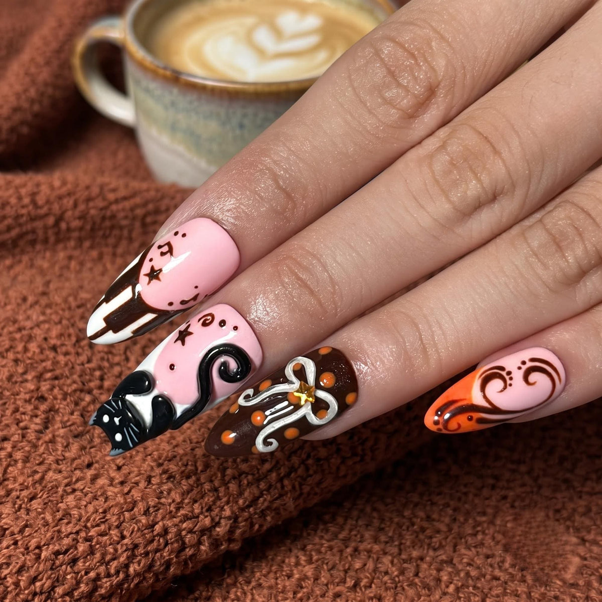 Handmade Autumn Black Cat Press-On Nails | Pumpkin Art, Fall Leaves, Halloween (JB485UI)