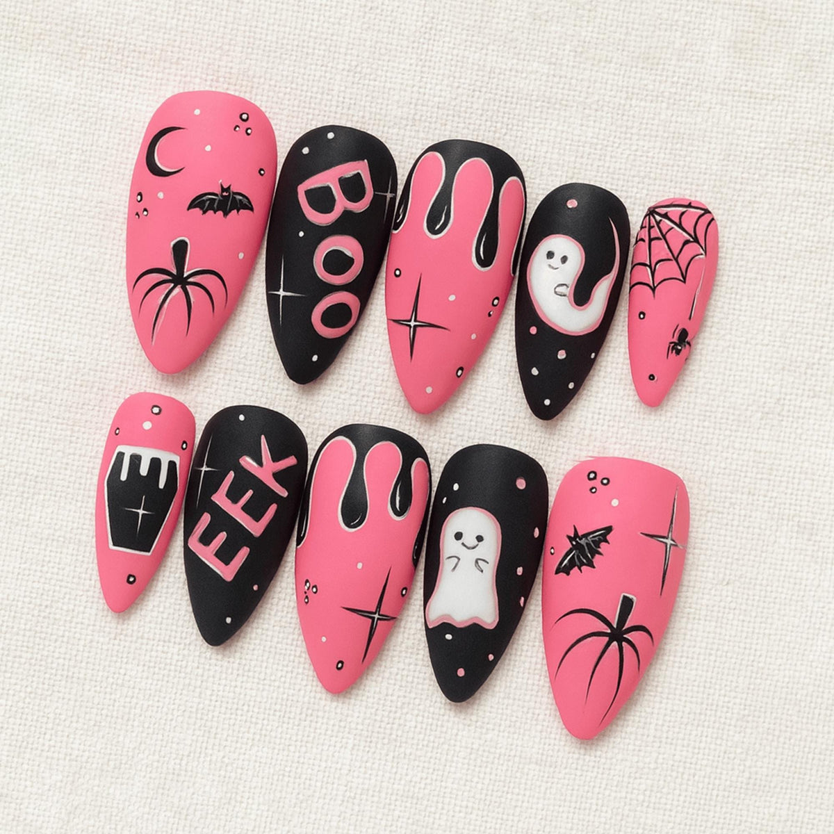 Pink Halloween Press On Nails, Handmade Ghost Bat Spider Nails, Spooky Cosplay Nail Set