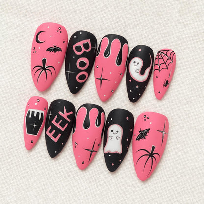 Pink Halloween Press On Nails, Handmade Ghost Bat Spider Nails, Spooky Cosplay Nail Set