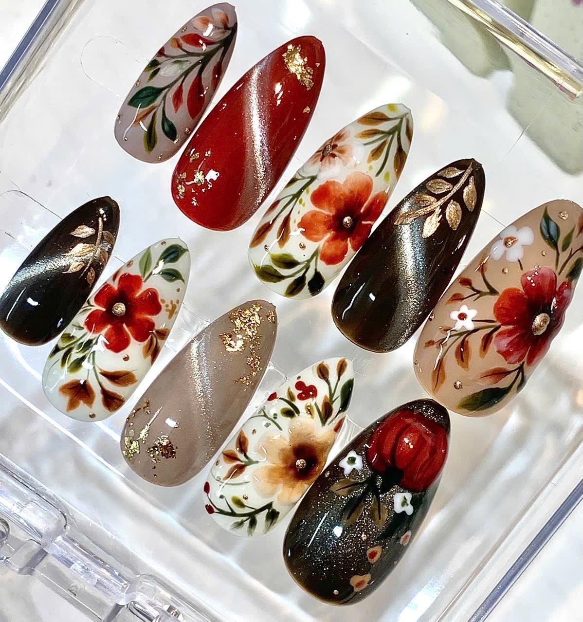 Hand-Painted Autumn Floral Press-On Nails, Red Flower, Gold Botanical Set