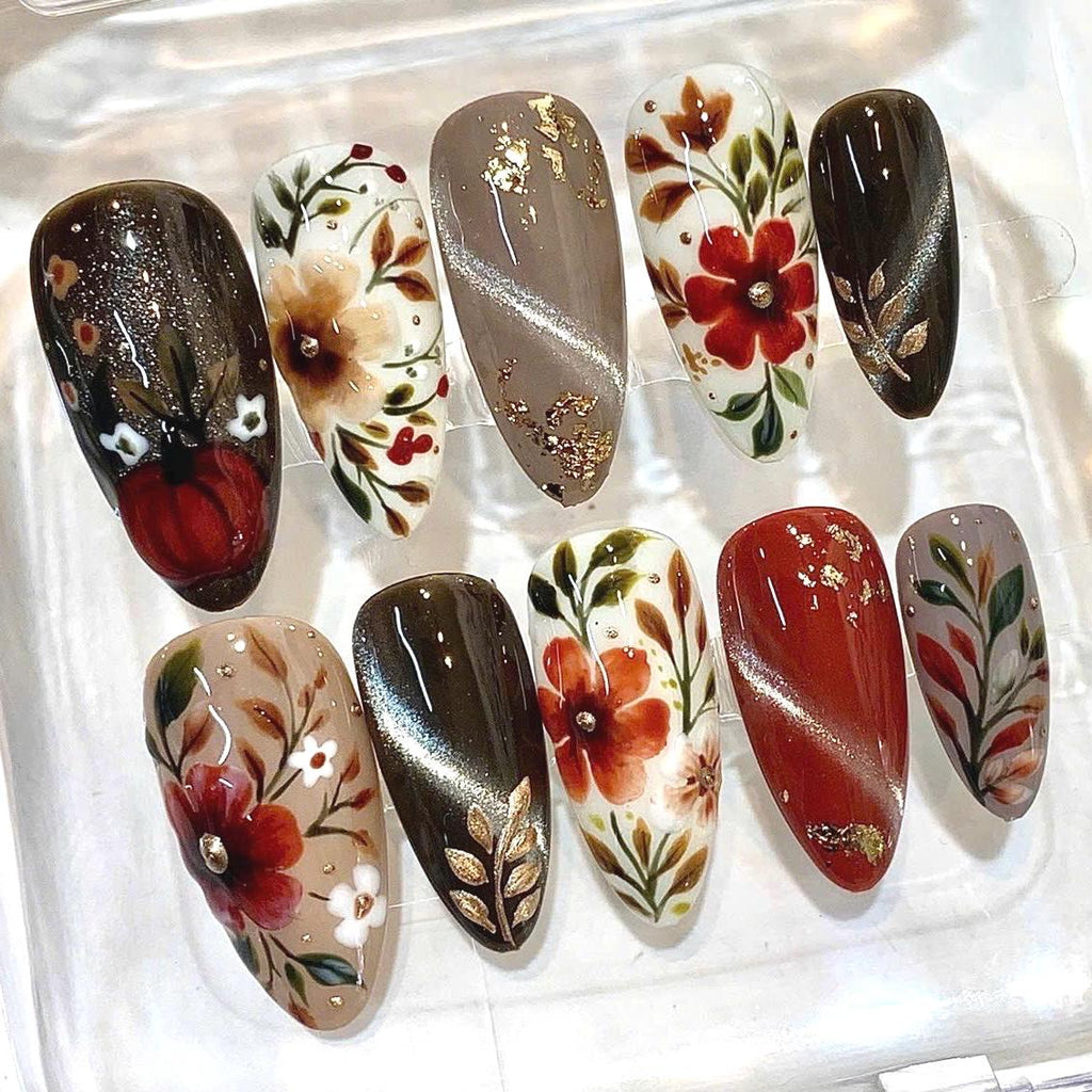 Hand-Painted Autumn Floral Press-On Nails, Red Flower, Gold Botanical Set