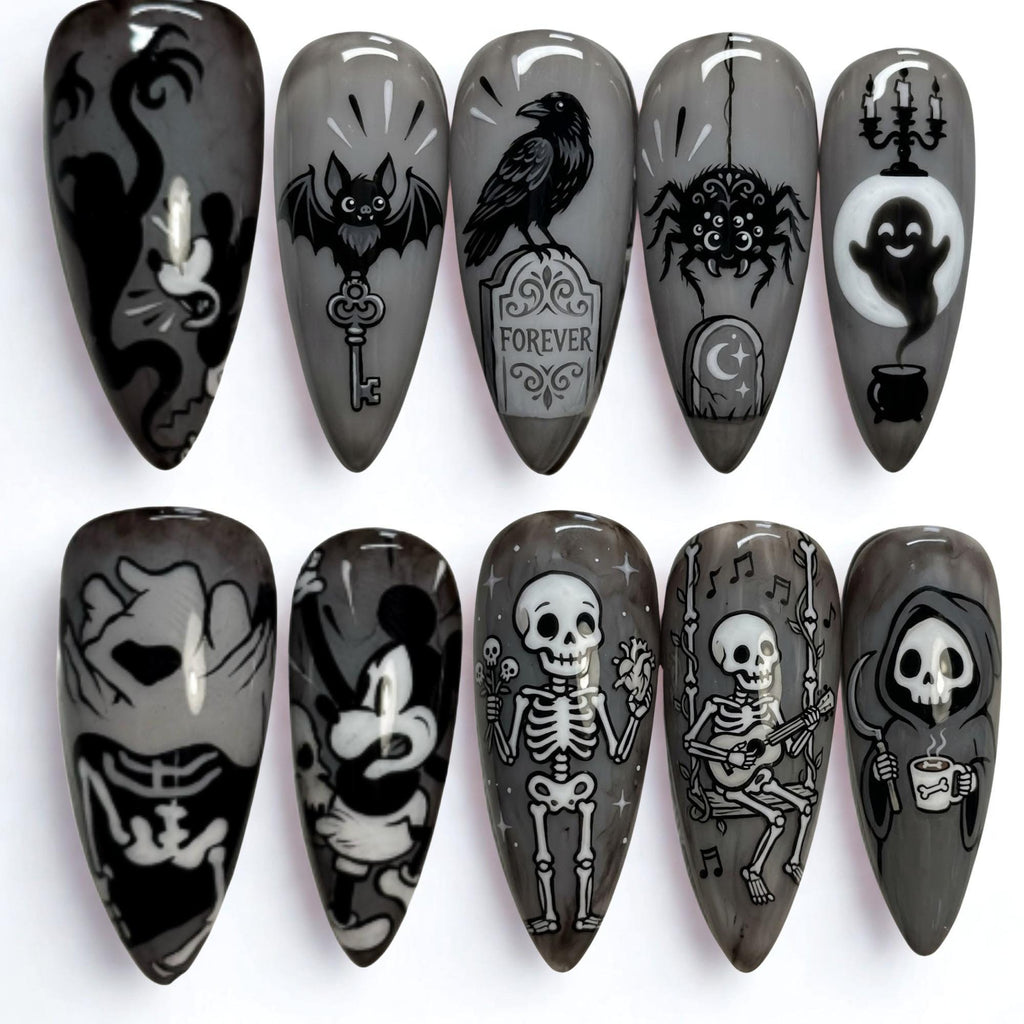 Spooky Skeleton Character Press On Nails | Gothic Macabre Aesthetic | Dark Gray Almond | Ghost Gravestone Nail | Detailed Hand Painted Nail