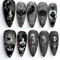 Spooky Skeleton Character Press On Nails | Gothic Macabre Aesthetic | Dark Gray Almond | Ghost Gravestone Nail | Detailed Hand Painted Nail