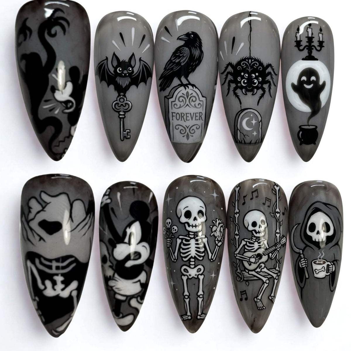 Spooky Skeleton Character Press On Nails | Gothic Macabre Aesthetic | Dark Gray Almond | Ghost Gravestone Nail | Detailed Hand Painted Nail