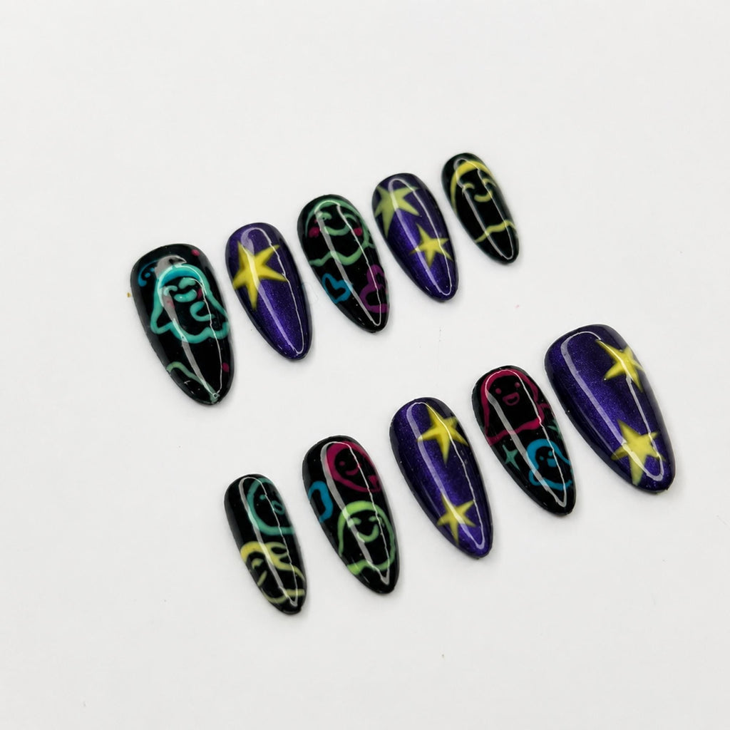 Halloween Press On Nails with Colorful Ghost Art | Purple Galaxy Star Stiletto Nails | Spooky Cute Fake Nails for Halloween Party , JB487WG