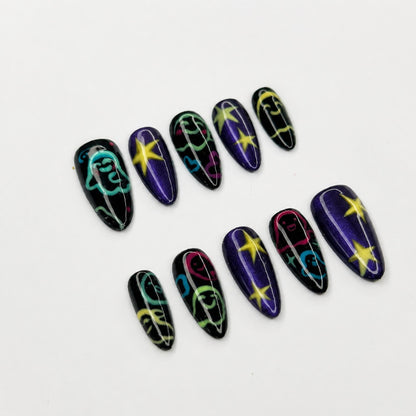 Halloween Press On Nails with Colorful Ghost Art | Purple Galaxy Star Stiletto Nails | Spooky Cute Fake Nails for Halloween Party , JB487WG