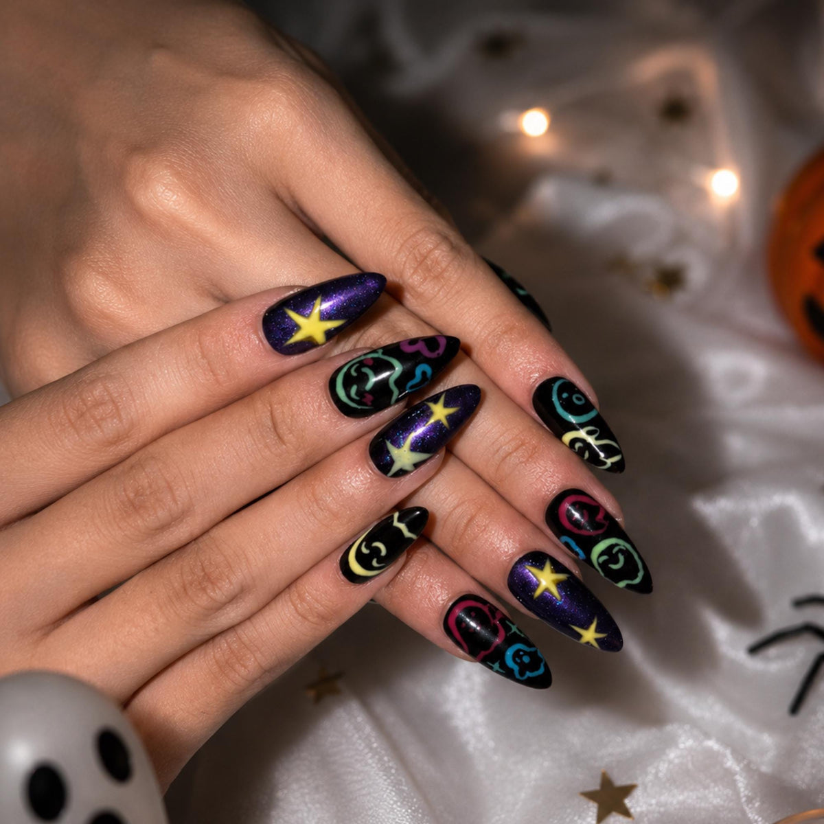 Halloween Press On Nails with Colorful Ghost Art | Purple Galaxy Star Stiletto Nails | Spooky Cute Fake Nails for Halloween Party , JB487WG
