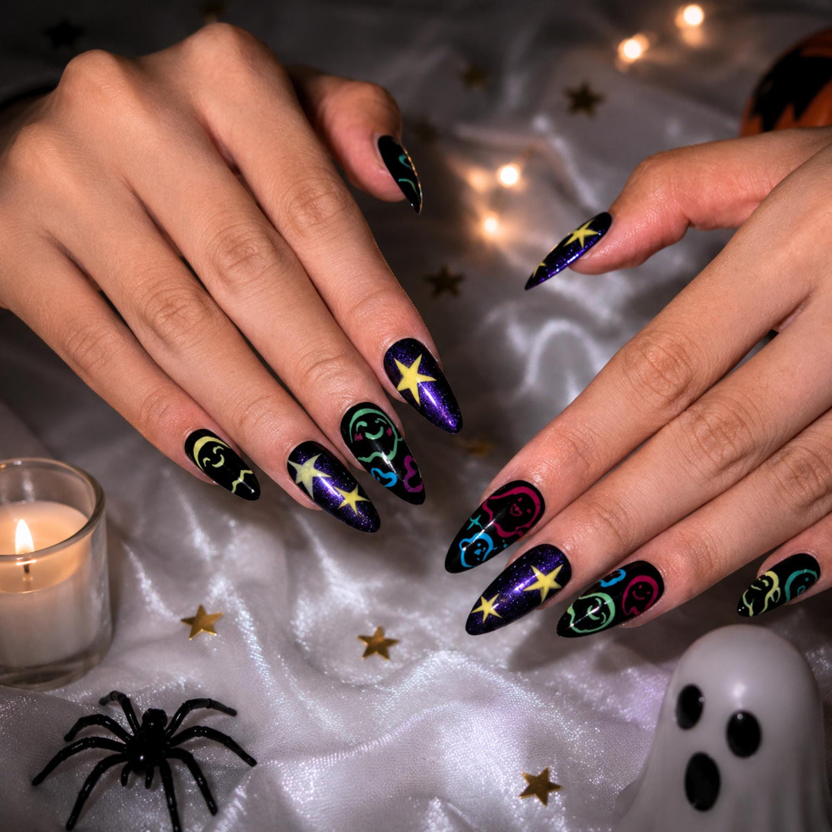 Halloween Press On Nails with Colorful Ghost Art | Purple Galaxy Star Stiletto Nails | Spooky Cute Fake Nails for Halloween Party , JB487WG