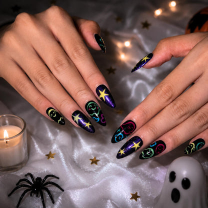 Halloween Press On Nails with Colorful Ghost Art | Purple Galaxy Star Stiletto Nails | Spooky Cute Fake Nails for Halloween Party , JB487WG