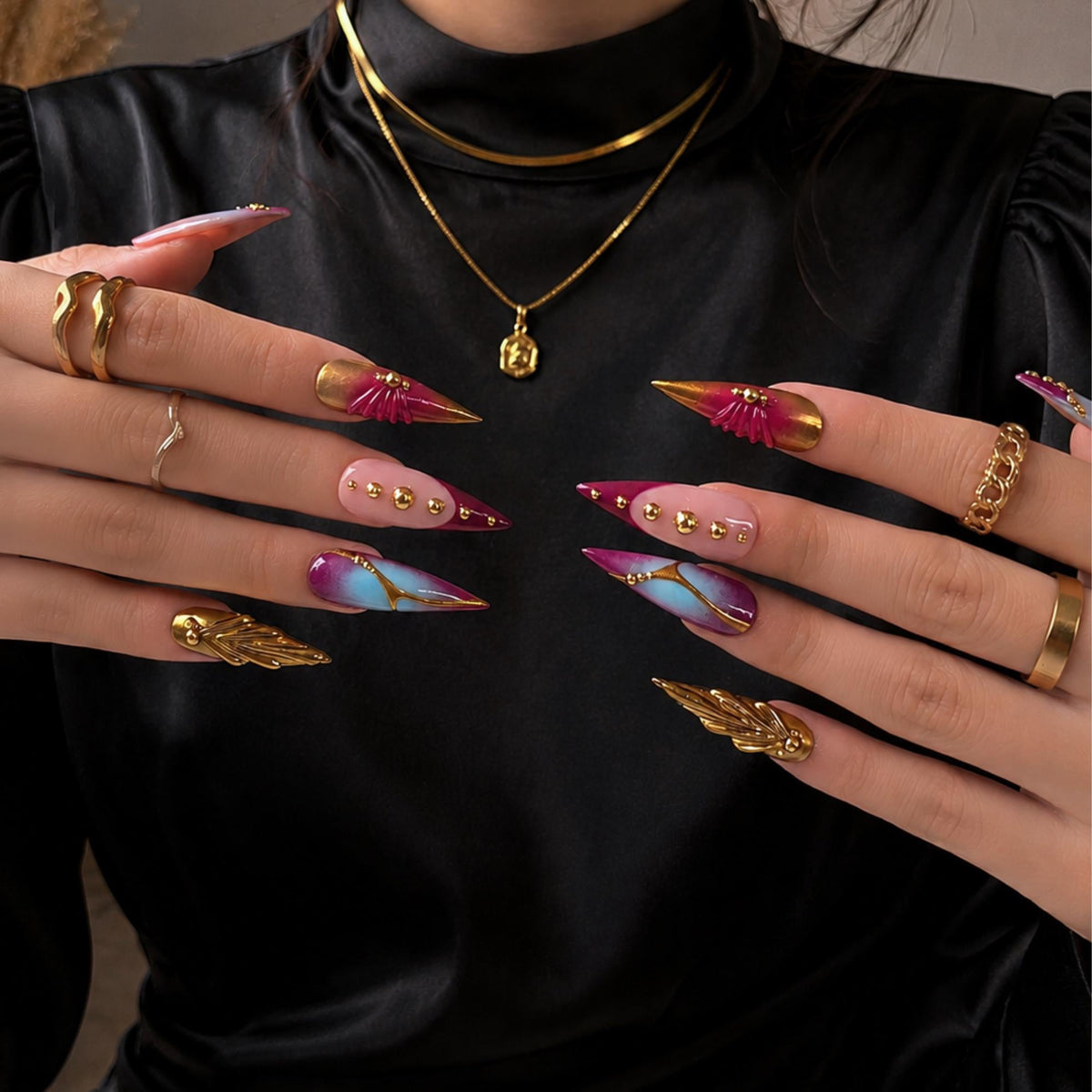 Luxury Press On Nails with Gold Jewelry Charms | Burgundy 3D Long Stiletto Nails | Elegant Chrome Nail Art for Fall, Party |JB546UC