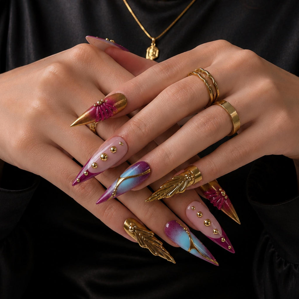 Luxury Press On Nails with Gold Jewelry Charms | Burgundy 3D Long Stiletto Nails | Elegant Chrome Nail Art for Fall, Party |JB546UC