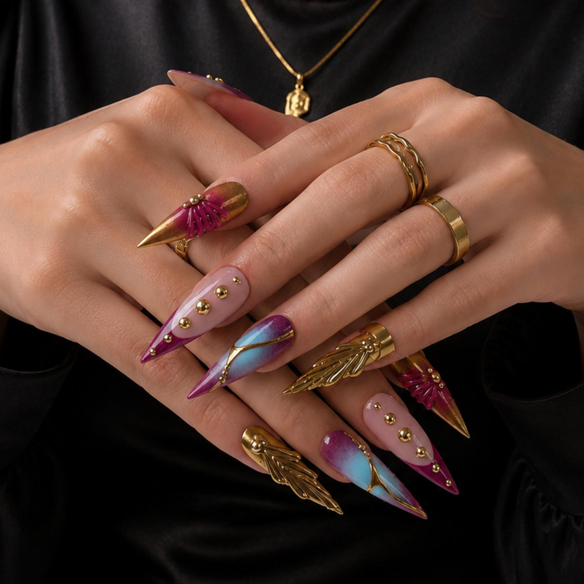 Luxury Press On Nails with Gold Jewelry Charms | Burgundy 3D Long Stiletto Nails | Elegant Chrome Nail Art for Fall, Party |JB546UC