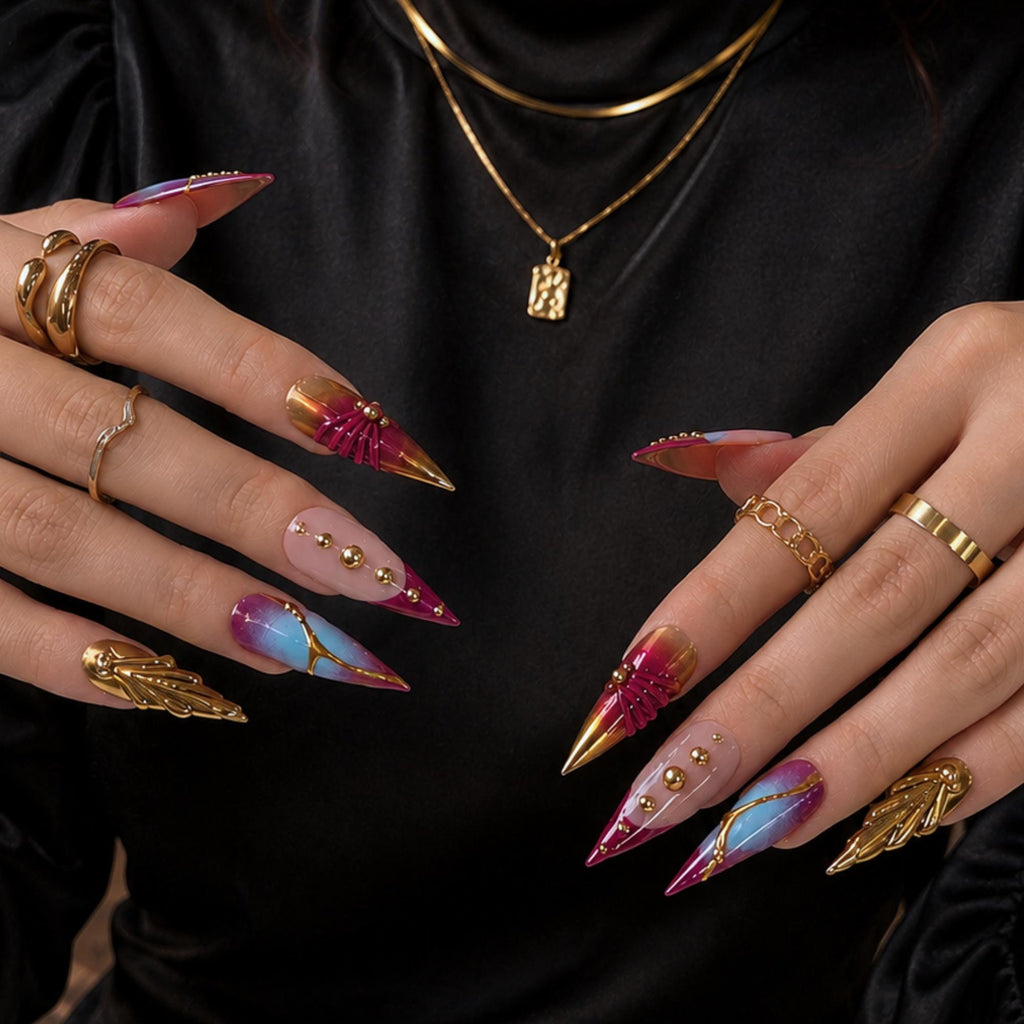 Luxury Press On Nails with Gold Jewelry Charms | Burgundy 3D Long Stiletto Nails | Elegant Chrome Nail Art for Fall, Party |JB546UC
