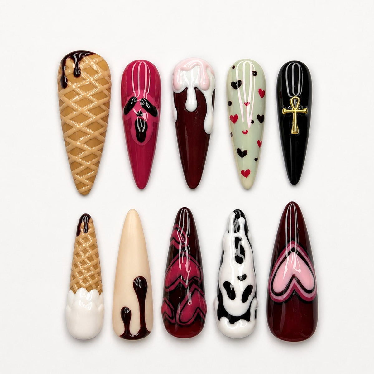 Gothic Press On Nails with Chocolate Drip , Burgundy Heart Nail Art , Handmade 3D Nails for Dark Romantic Style | JB512WA