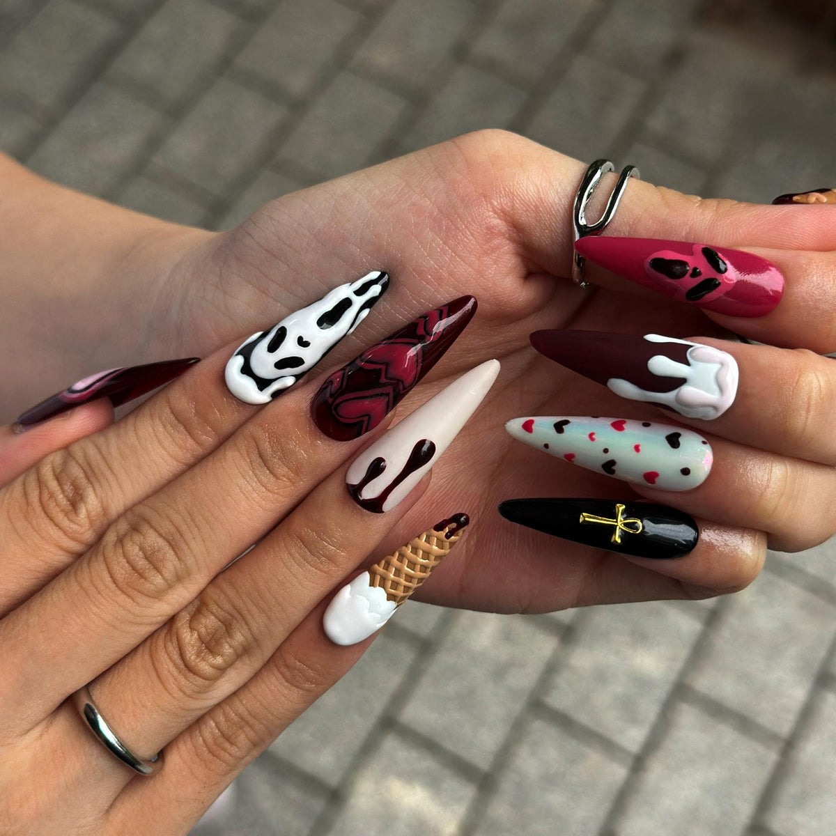 Gothic Press On Nails with Chocolate Drip , Burgundy Heart Nail Art , Handmade 3D Nails for Dark Romantic Style | JB512WA