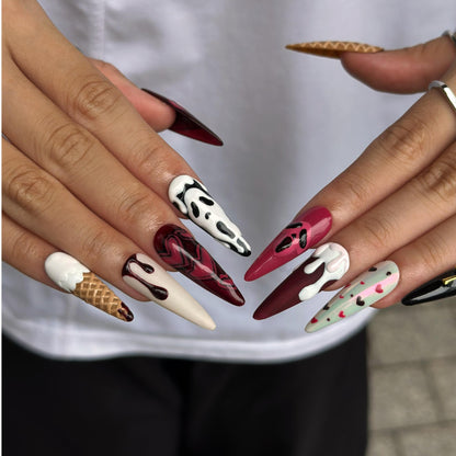Gothic Press On Nails with Chocolate Drip , Burgundy Heart Nail Art , Handmade 3D Nails for Dark Romantic Style | JB512WA