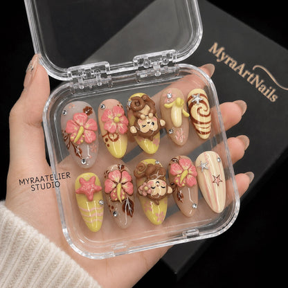 3D Monkey Kawaii Press On Nails, Pink Hibiscus Tropical Holiday Nails