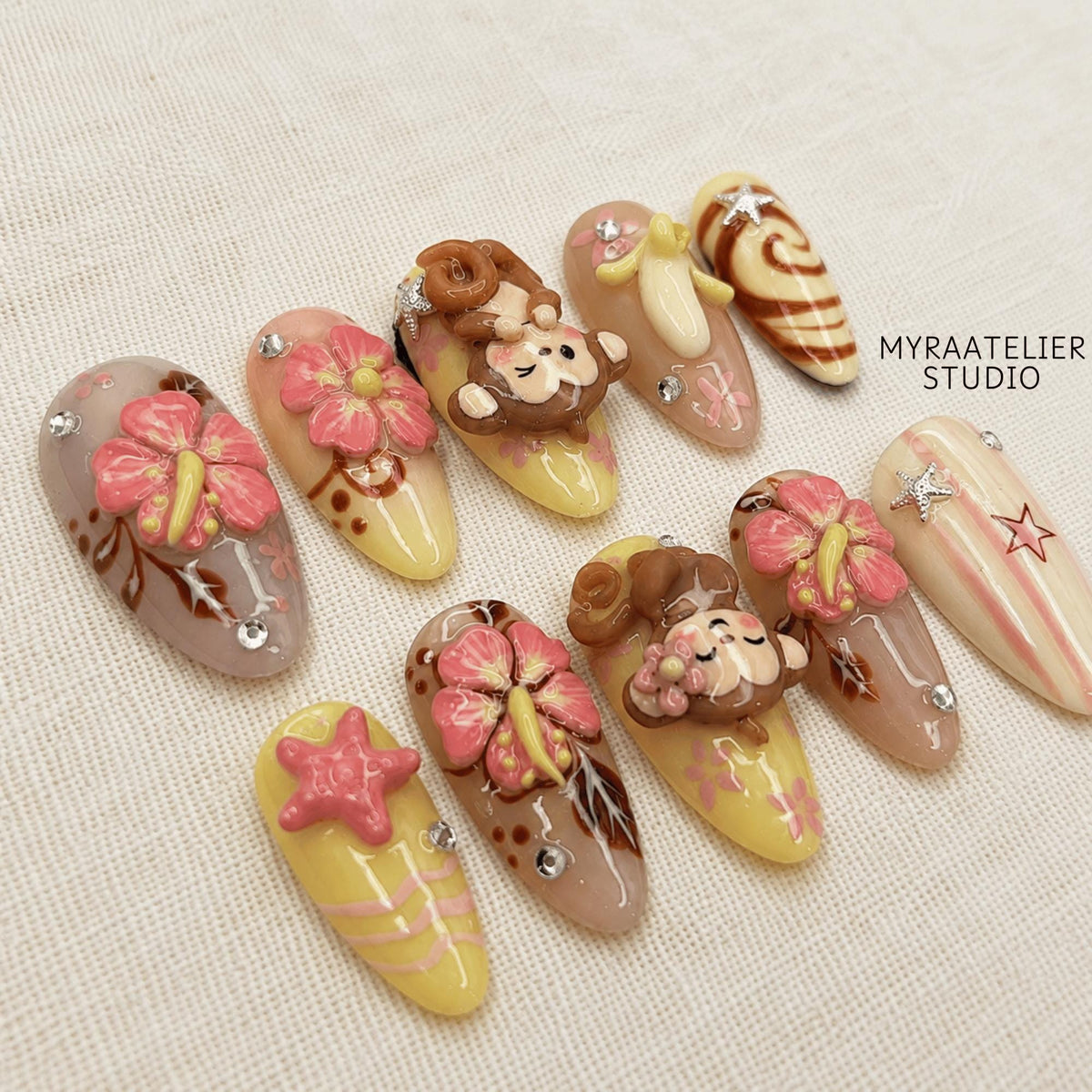 3D Monkey Kawaii Press On Nails, Pink Hibiscus Tropical Holiday Nails