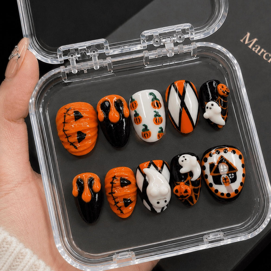 Spooky Halloween Press On Nails, 3D Pumpkin Ghost Nail Set, Handmade Haunted House Designs