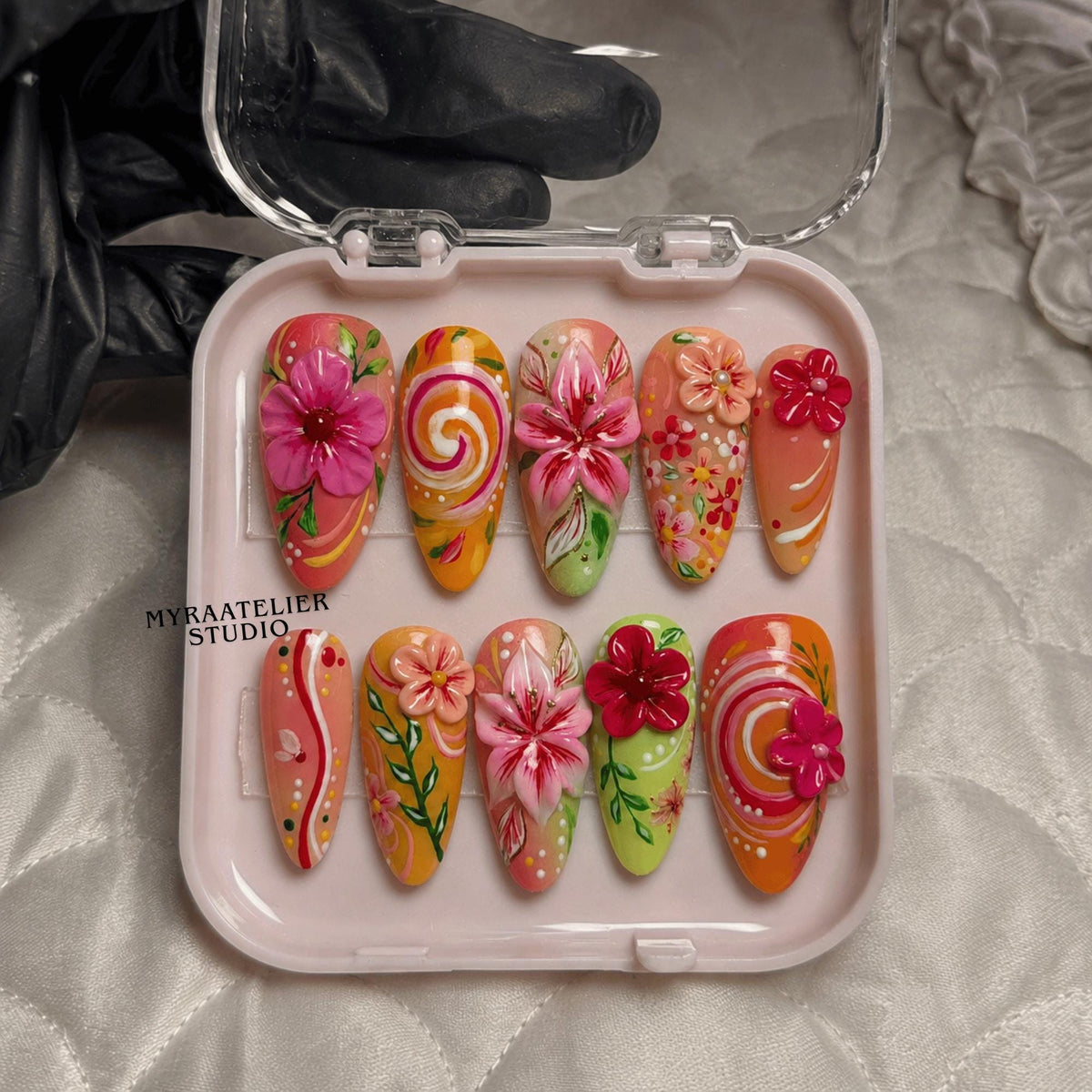 3D Floral Press On Nails, Pink Garden Flower Nails, Handmade Gel Nail Set