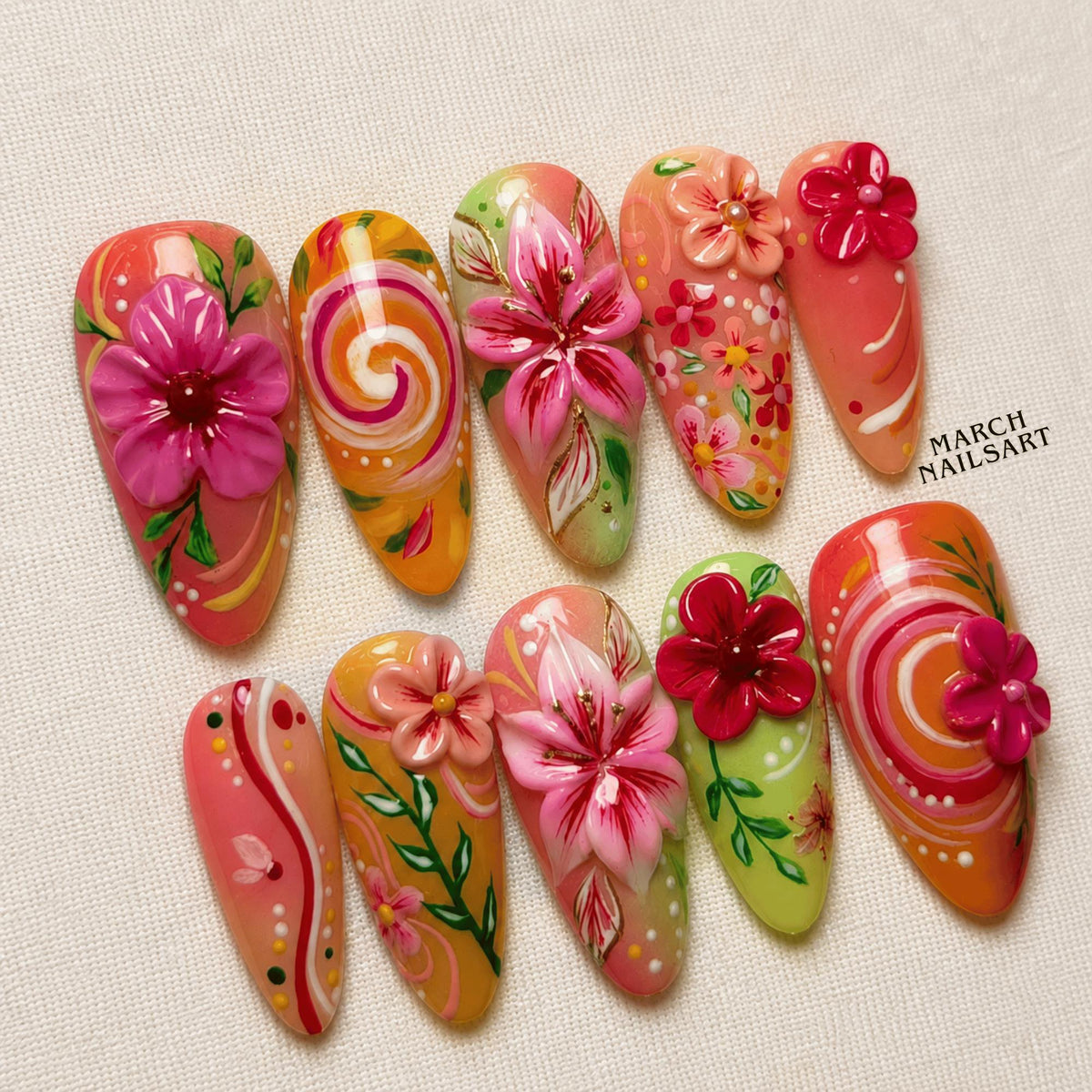 3D Floral Press On Nails, Pink Garden Flower Nails, Handmade Gel Nail Set
