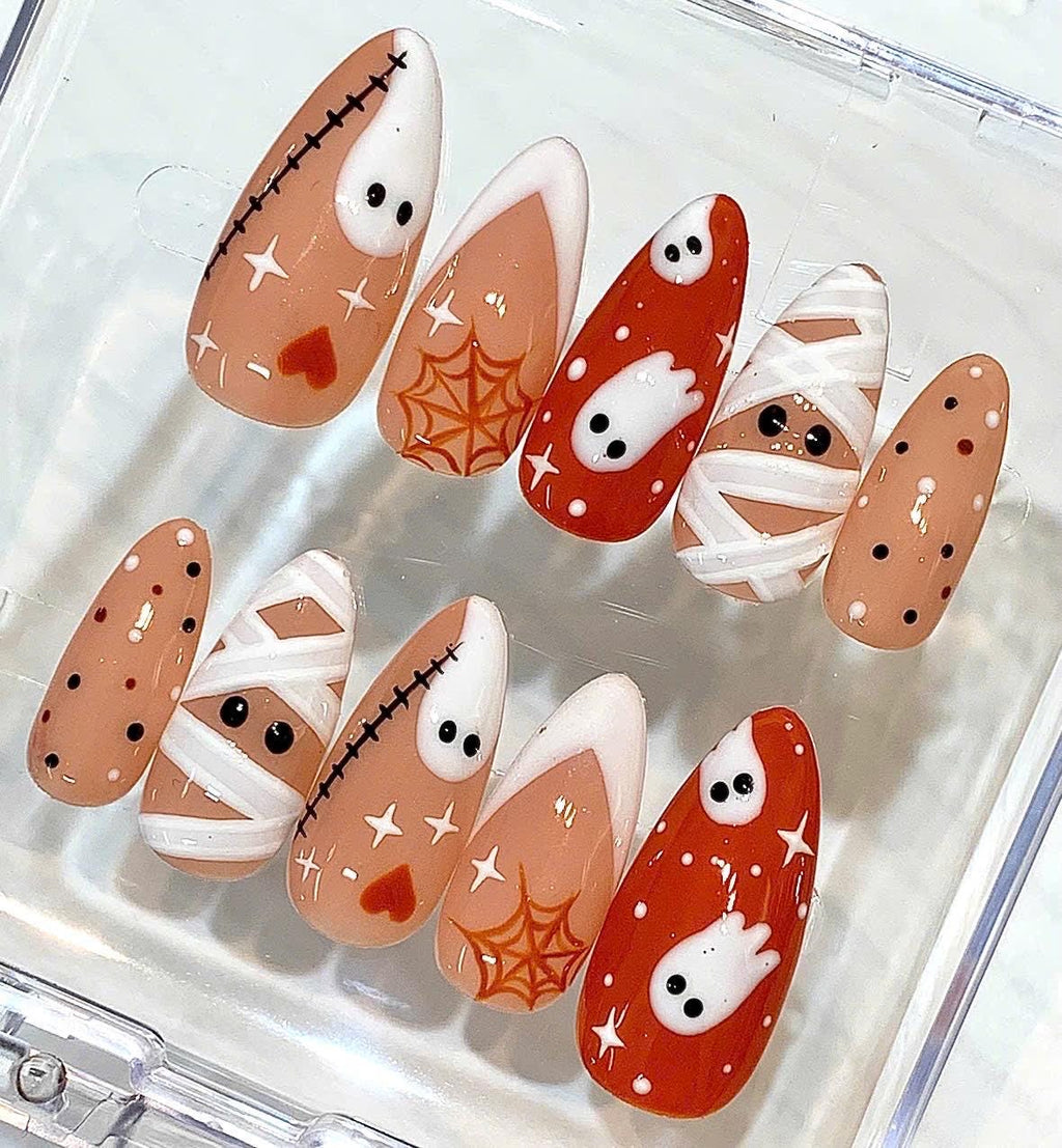 Halloween Ghost Mummy Press On Nails, Spooky Pumpkin Orange Nail Set