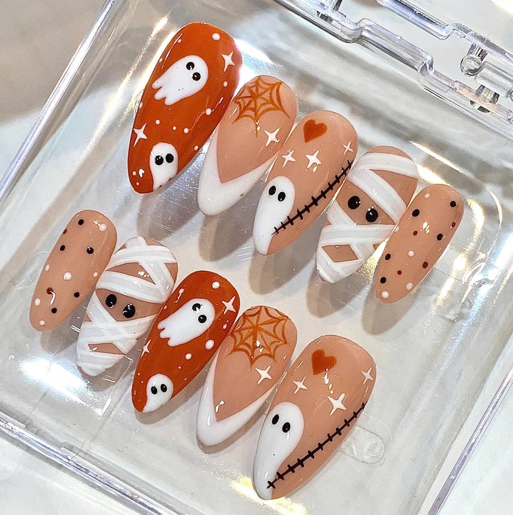 Halloween Ghost Mummy Press On Nails, Spooky Pumpkin Orange Nail Set