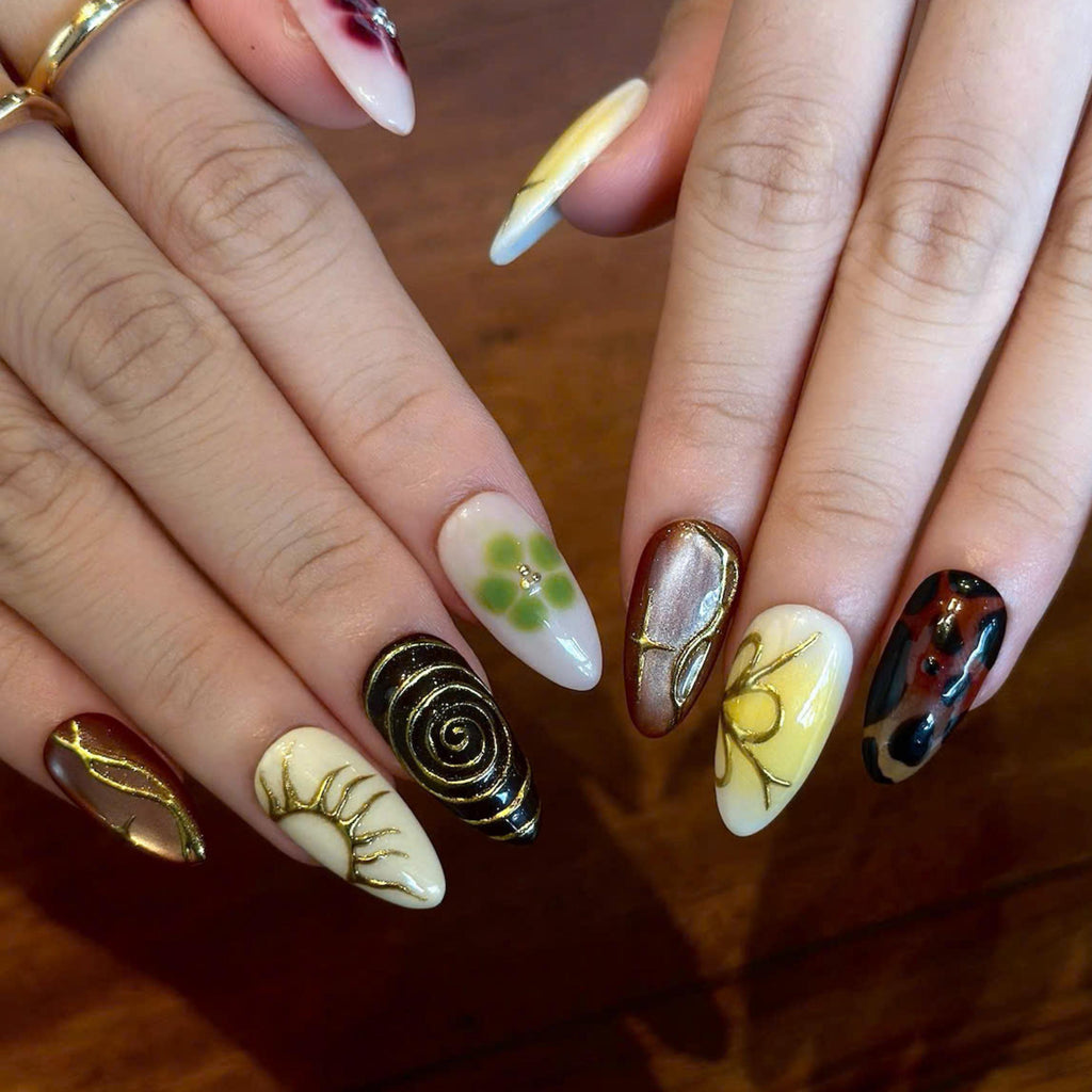 Earthy Press On Nails with Abstract Flowers | Mustard Yellow Olive Green Fake Nails | Handmade Botanical Nail Art for Fall | JB513UI