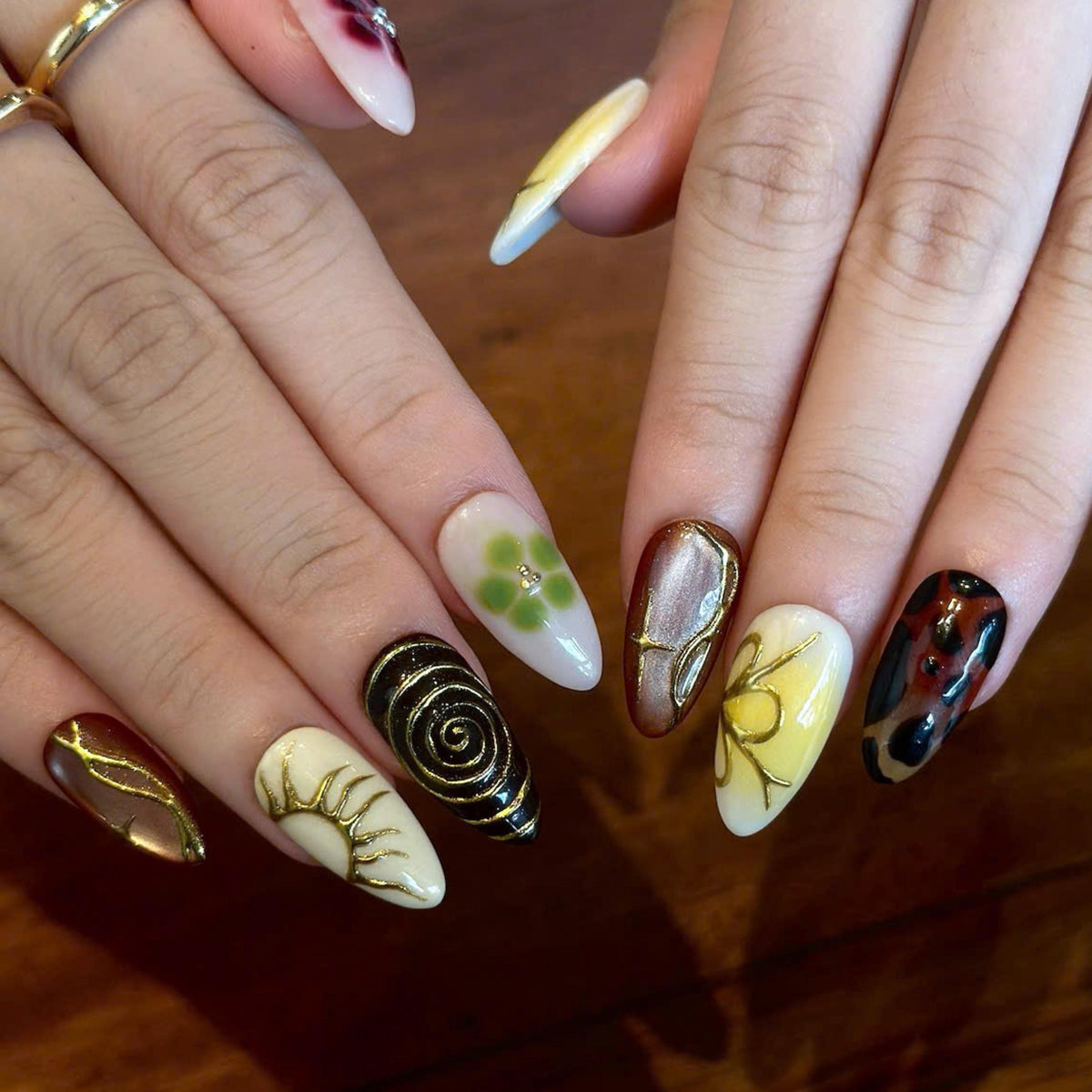 Earthy Press On Nails with Abstract Flowers | Mustard Yellow Olive Green Fake Nails | Handmade Botanical Nail Art for Fall | JB513UI