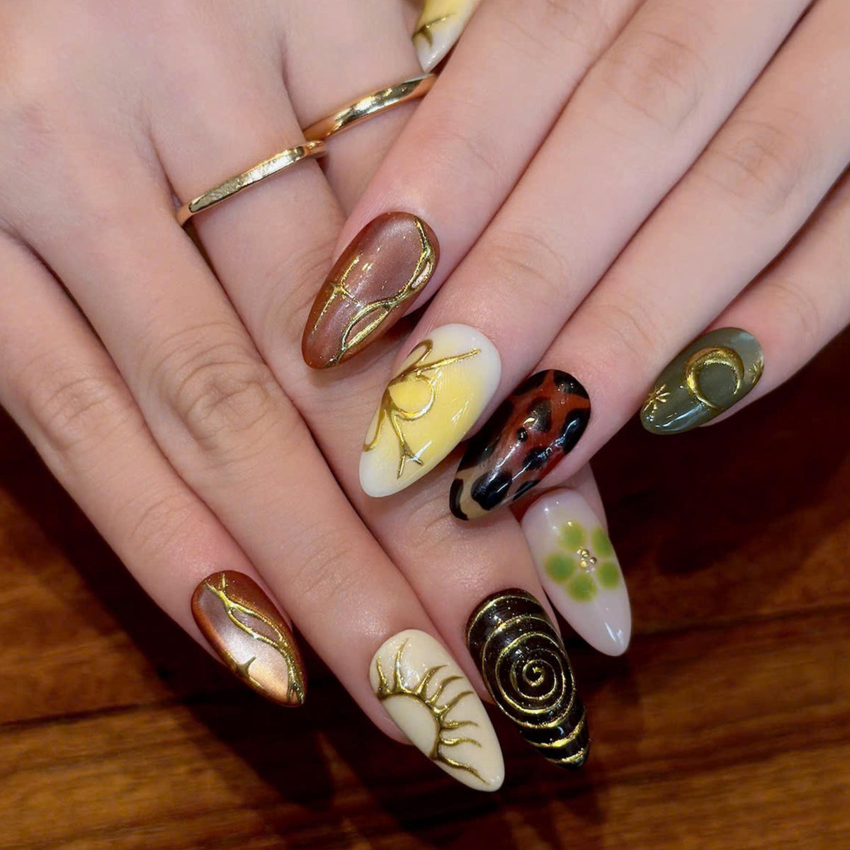Earthy Press On Nails with Abstract Flowers | Mustard Yellow Olive Green Fake Nails | Handmade Botanical Nail Art for Fall | JB513UI