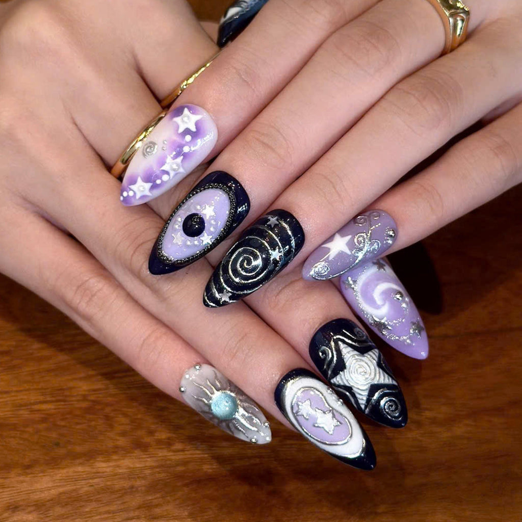 Celestial Press On Nails with Moon and Stars | Mystical Purple Silver 3D Nail Art | Handmade Almond Fake Nails for  Cosmic Style | JB516UI