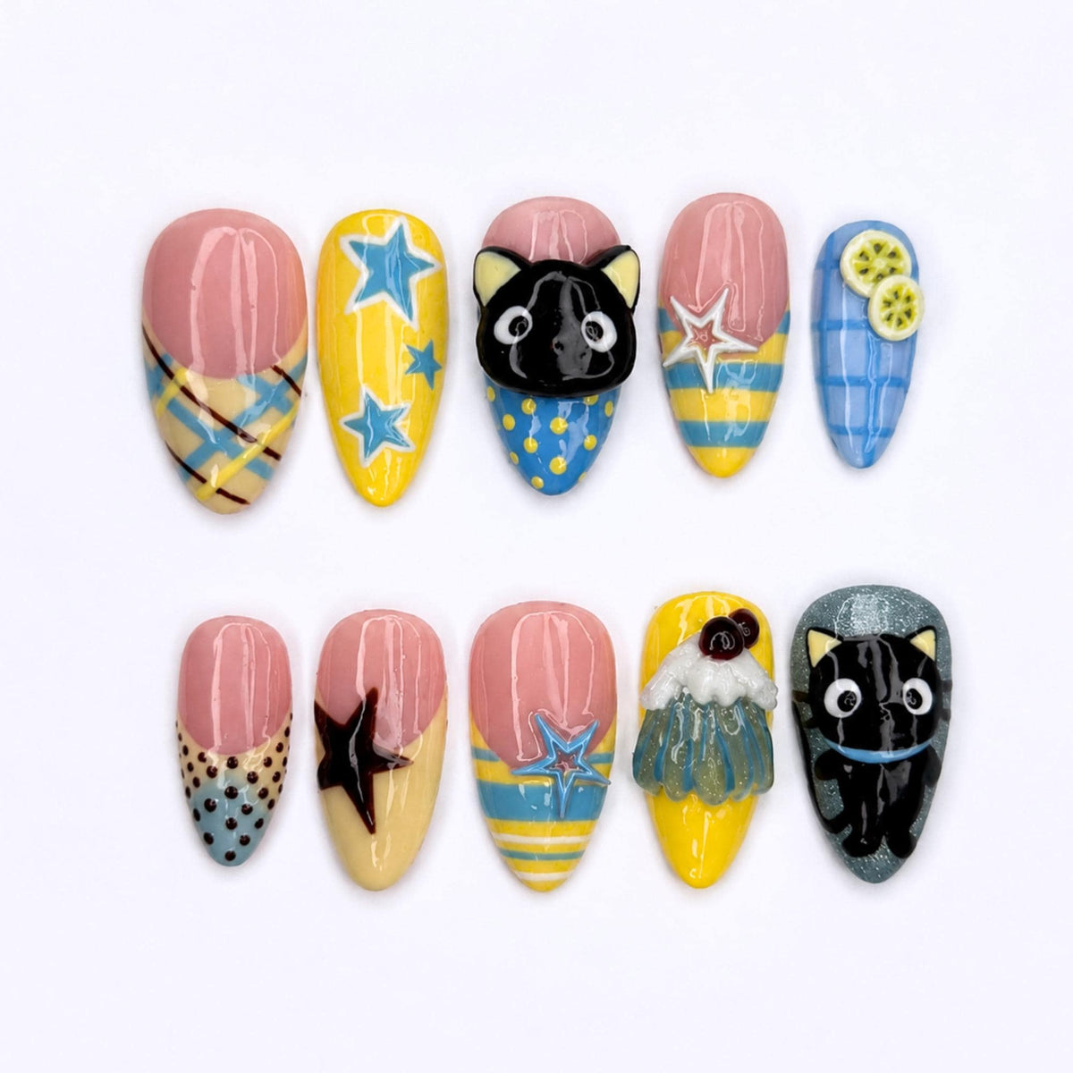 Cute Cat Press On Nails with 3D Kitty Art , Colorful Star Fake Nails , Handmade Whimsical Nails for Fall Gift |  JB517WI