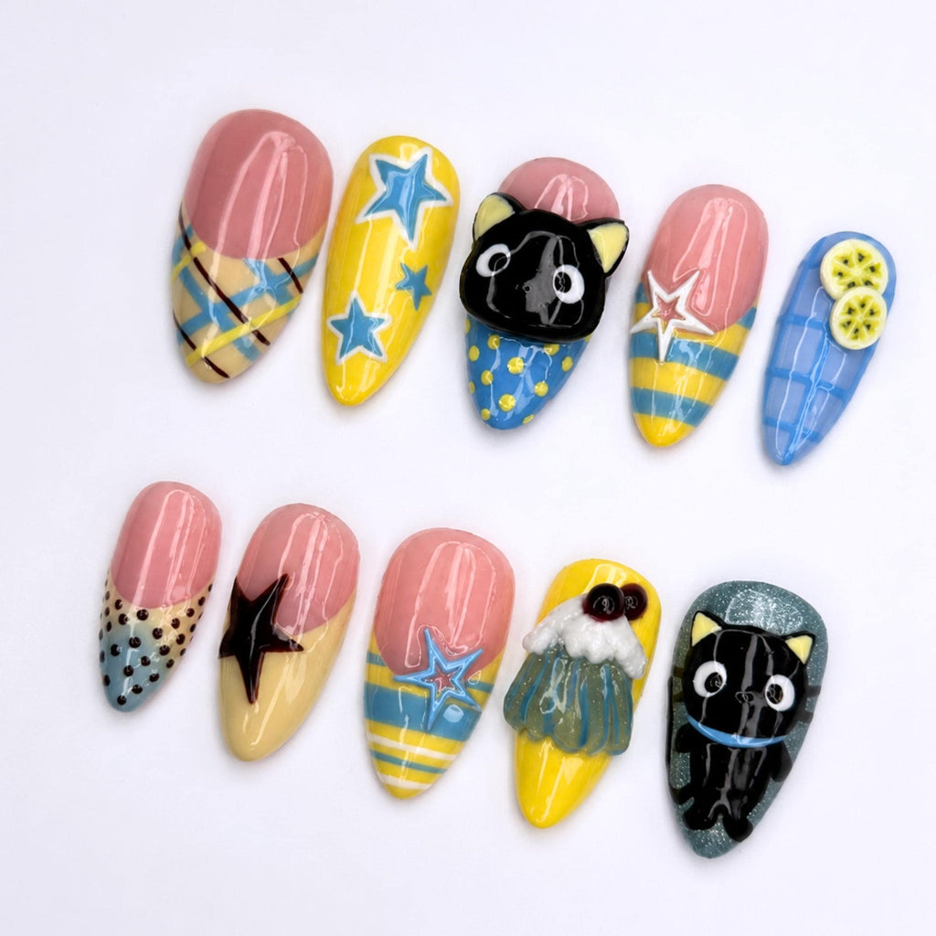 Cute Cat Press On Nails with 3D Kitty Art , Colorful Star Fake Nails , Handmade Whimsical Nails for Fall Gift |  JB517WI