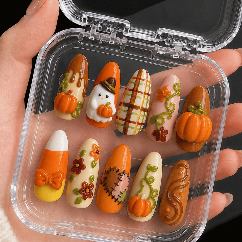 Handmade Fall Press On Nails, 3D Pumpkin Ghost, Plaid Candy Corn Nail Set