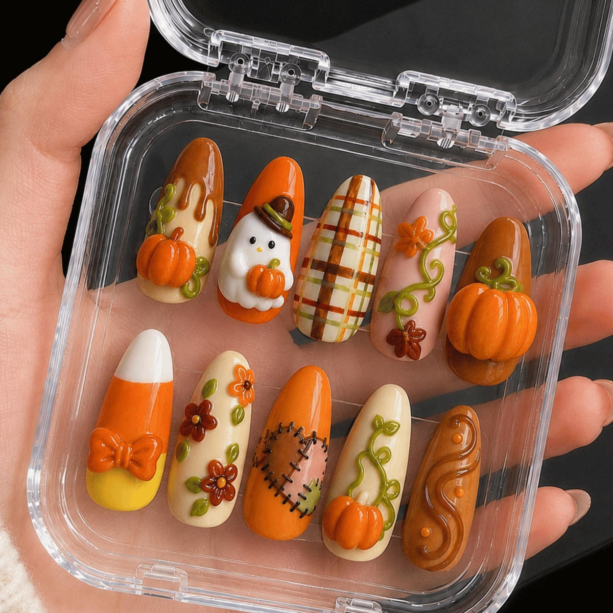 Handmade Fall Press On Nails, 3D Pumpkin Ghost, Plaid Candy Corn Nail Set
