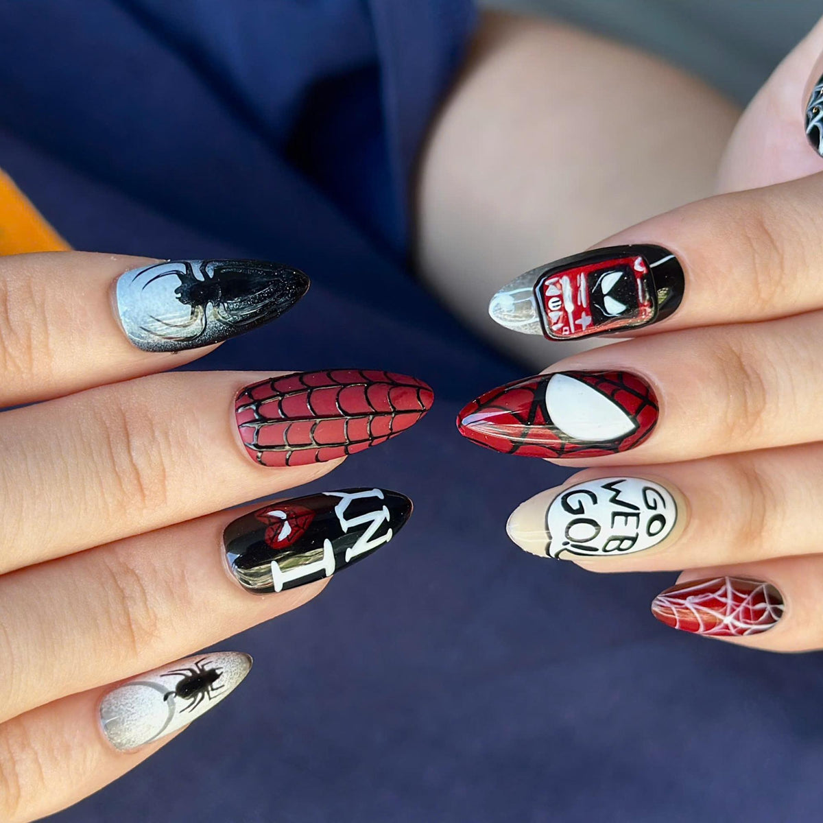 Spider Web Press On Nails with Comic Art | Red Black Superhero Almond Nails | Gothic Web Nail Art for Halloween & Cosplay | JB490UC